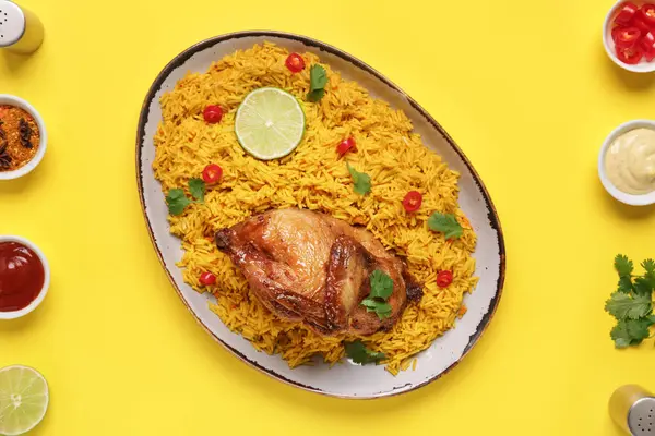 Sarı arka planda malzemelerle geleneksel tavuk biryani tabağı.