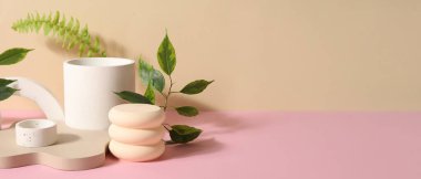 Alçı podyumlar ve yeşil yapraklar metin için alanı olan renk arkaplanı