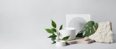 Plaster podyumlar ve tropikal yapraklar gri zemin üzerinde taşlar ve metin için alan