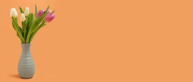 Turuncu arka planda güzel laleleri olan vazolar. Uluslararası Kadınlar Günü