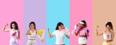 Uluslararası Kadınlar Günü için çiçek ve tebrik kartı olan Afro-Amerikan kadın kolajı