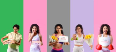 Uluslararası Kadınlar Günü için çiçekli, hediyeli ve tebrik kartlı Afro-Amerikan kadın kolajı