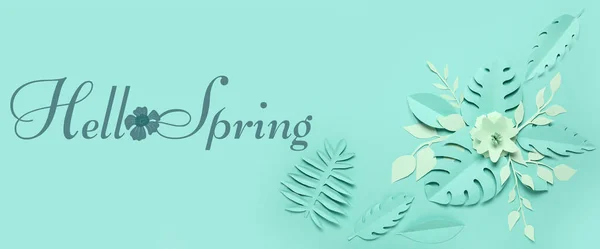 带有文本的横幅Hello Spring 纸花和淡蓝色背景的叶子 — 图库照片