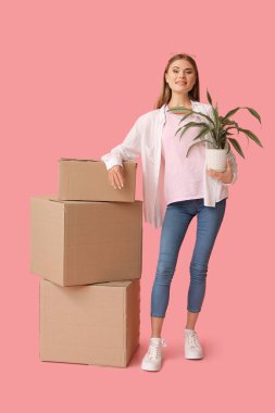 Ev bitkisi ve pembe arka planda karton kutuları olan güzel genç bir kadın. Taşınma konsepti