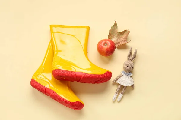 Yellow Gumboots Toy Bunny Apple Autumn Leaf Color Background — Stock Photo, Image