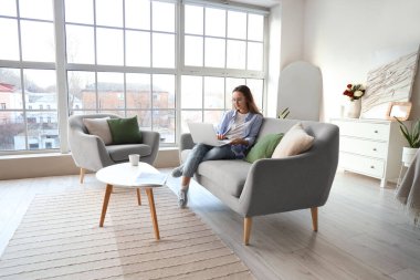 Güzel genç bayan oturma odasındaki gri koltukta dizüstü bilgisayar kullanıyor.