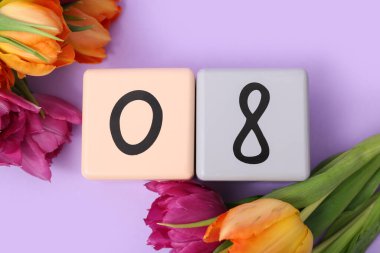 Küp takvimi, tarih 08 ve leylak kaplamalı güzel laleler. Uluslararası Kadınlar Günü