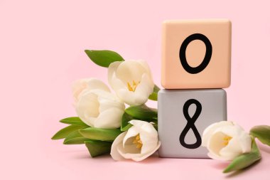Küp takvimi, tarih 08 ve pembe arka planda güzel beyaz laleler. Uluslararası Kadınlar Günü