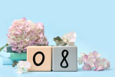 Küp takvimi, tarih 08, güzel ortanca çiçekleri ve mavi arka planda not defterleri. Uluslararası Kadınlar Günü