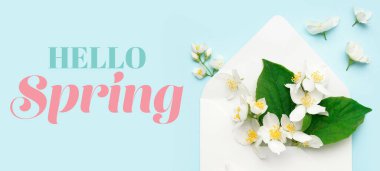 Yazılı pankart Hello İlkbaharı, yasemin çiçekleri ve zarf