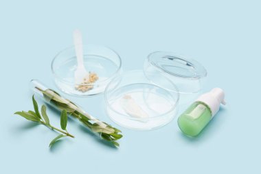 Üzerinde örnekler, bitki yaprakları ve mavi arka planda bir şişe kozmetik ürünü olan petri kapları.