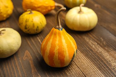 Ahşap arka planda farklı taze balkabakları