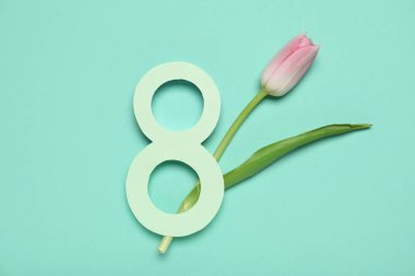 Güzel lale çiçeği ve turkuaz arka planda kağıt figür 8. Uluslararası Kadınlar Günü kutlamaları