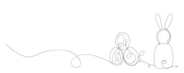 Beyaz arka planda çizilmiş tavşan ve Paskalya yumurtaları