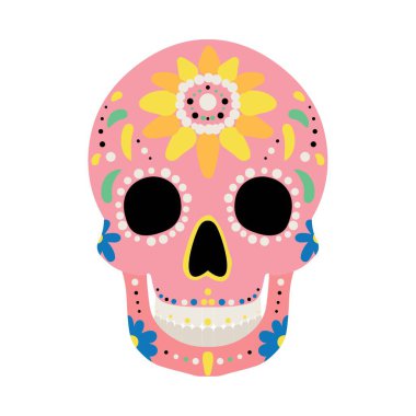 Beyaz arka planda insan kafatası boyanmış. Meksika Ölüler Günü (El Dia de Muertos)