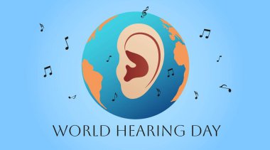 İnsan kulağı, dünya gezegeni ve müzik notalarıyla Dünya Duyma Günü afişi