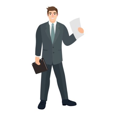 Beyaz arka planda not defteri ve belgesi olan yakışıklı iş adamı