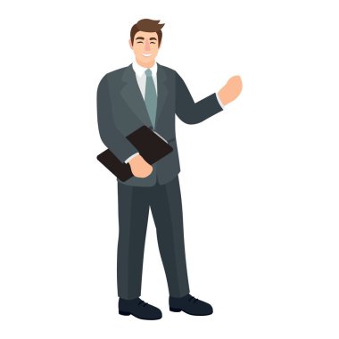 Beyaz arka planda panosu olan yakışıklı bir iş adamı