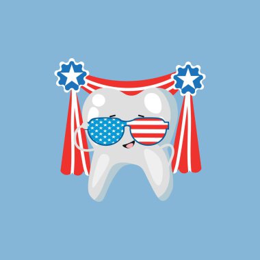 Mavi arka planda Amerikan bayrağı renginde güneş gözlüklü şirin insan dişi.