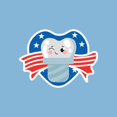 Mavi arka planda yıldız ve çizgili sevimli implant dişi.