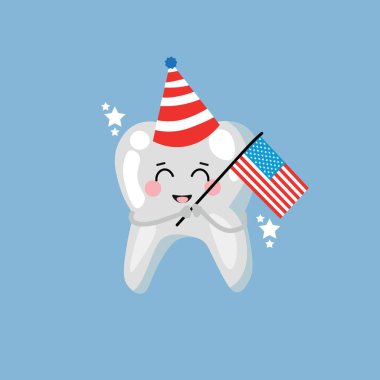 Parti şapkası ve mavi arka planda Amerikan bayrağı olan sevimli bir diş implantı.