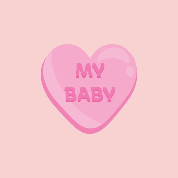 Heart-shaped candy with text MY BABY on pink background. Valentine's Day celebration