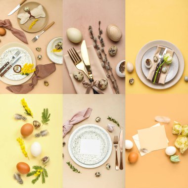 Renkli arka plan üzerine Paskalya kutlaması için kolajı, düzlük