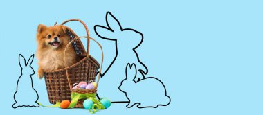 Tatlı Pomeranya tükürüğü, sepetleri ve boyalı yumurtalarıyla Mutlu Paskalyalar için bayrak.