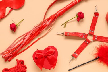 Farklı seks oyuncaklarına sahip kompozisyon, hediye kutusu ve renkli arka planda gül çiçekleri. Sevgililer Günü kutlaması