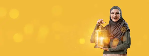 Young Muslim Woman Holding Lantern Yellow Background Space Text — Stock Photo, Image