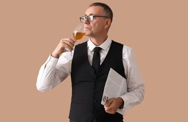 Mature man with newspaper drinking wine on beige background