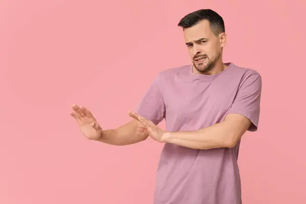 Handsome Worried Young Man Pink Background — Stock Photo, Image