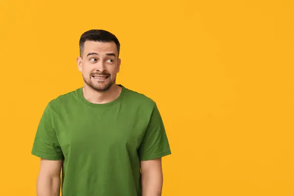 Handsome Ashamed Young Man Yellow Background — Stock Photo, Image