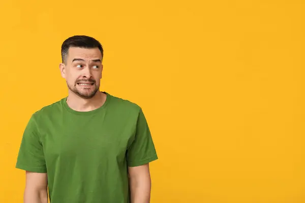 Handsome Ashamed Young Man Yellow Background — Stock Photo, Image