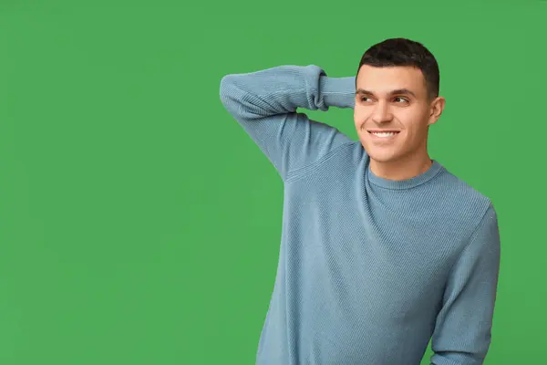 Handsome Ashamed Young Man Green Background — Stock Photo, Image