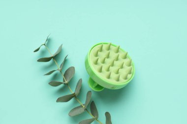 Mavi arka planda saç masajı ve okaliptüs.