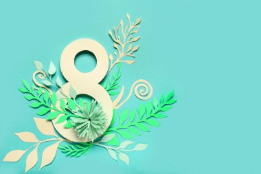 Yeşil arkaplanda Uluslararası Kadınlar Günü için kağıt figür 8 ve güzel çiçeklerle kompozisyon