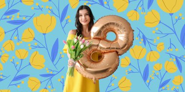 Şekil 8 şeklinde balonu ve açık mavi arka planda çiçekleri olan güzel bir genç kız. Uluslararası Kadınlar Günü