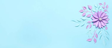 Güzel kağıt çiçek ve açık mavi arkaplanda metin için boşluk olan yapraklar