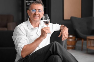 Yetişkin bir adam evde şarap tadıyor.