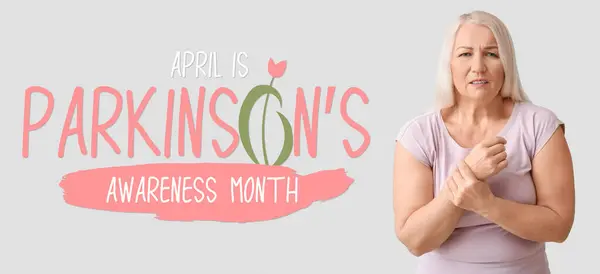 Banner Parkinson Awareness Hónap Középkorú Nővel — Stock Fotó