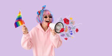 LGBT bayrağı taşıyan genç bir kadın megafona bağırıyor ve arkaplanda çiçekler çiziyor.