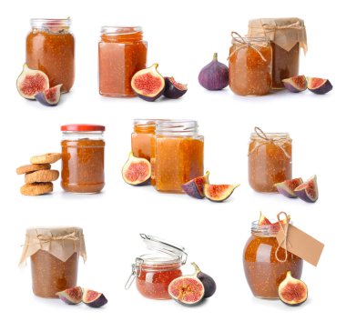 Set of sweet fig jam on white background