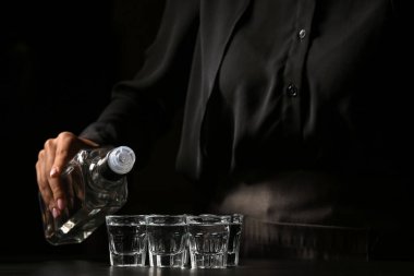 Şişeli kadın barmen ve bardaki masada soğuk votka.