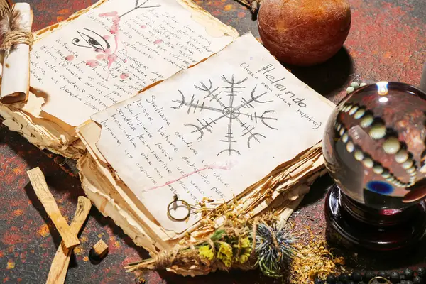 Cadının sihirli özellikleri büyü kitabı ile Grunge arkaplan, yakın çekim