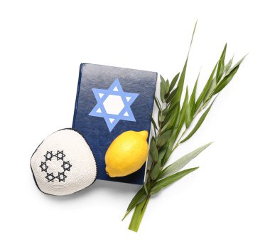 Beyaz arka planda dört tür (lulav, hadas, arava, etrog) Sukkot festivali sembolü, Torah ve kippah