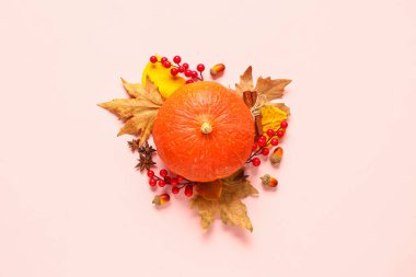 Olgun balkabağı, böğürtlen, meşe palamudu ve açık arkaplanda düşen yapraklarla sonbahar kompozisyonu