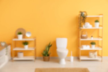 Ev bitkileri ve turuncu duvarın yanında seramik klozet olan şık banyonun bulanık görüntüsü.