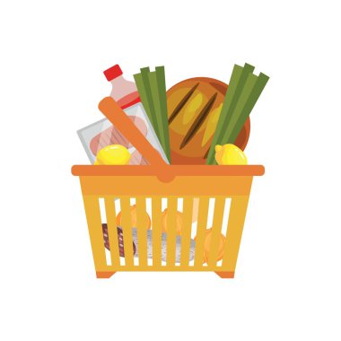Beyaz arka planda yiyecek olan alışveriş sepeti