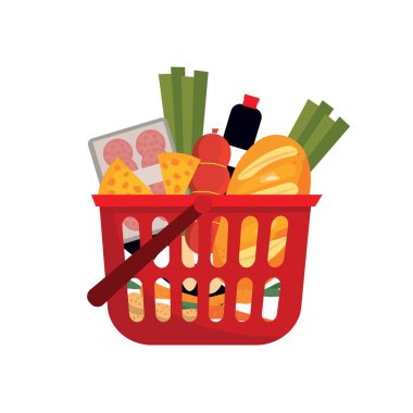 Beyaz arka planda yiyecek olan alışveriş sepeti